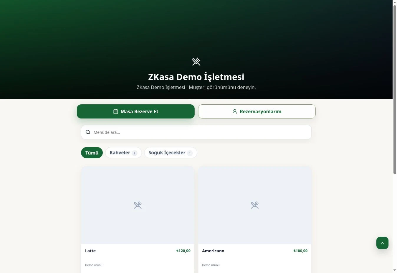 ZKasa QR menü ve dijital menü ekranı